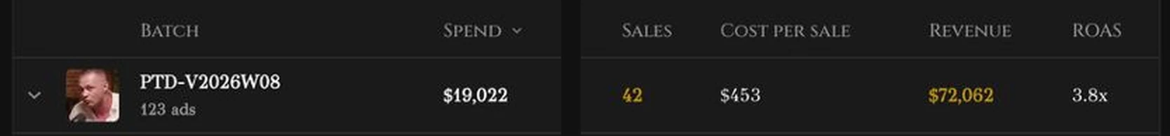 Creative performance dashboard: batch W08, $19,022 spend, 42 sales, $72,062 revenue, 3.8x ROAS